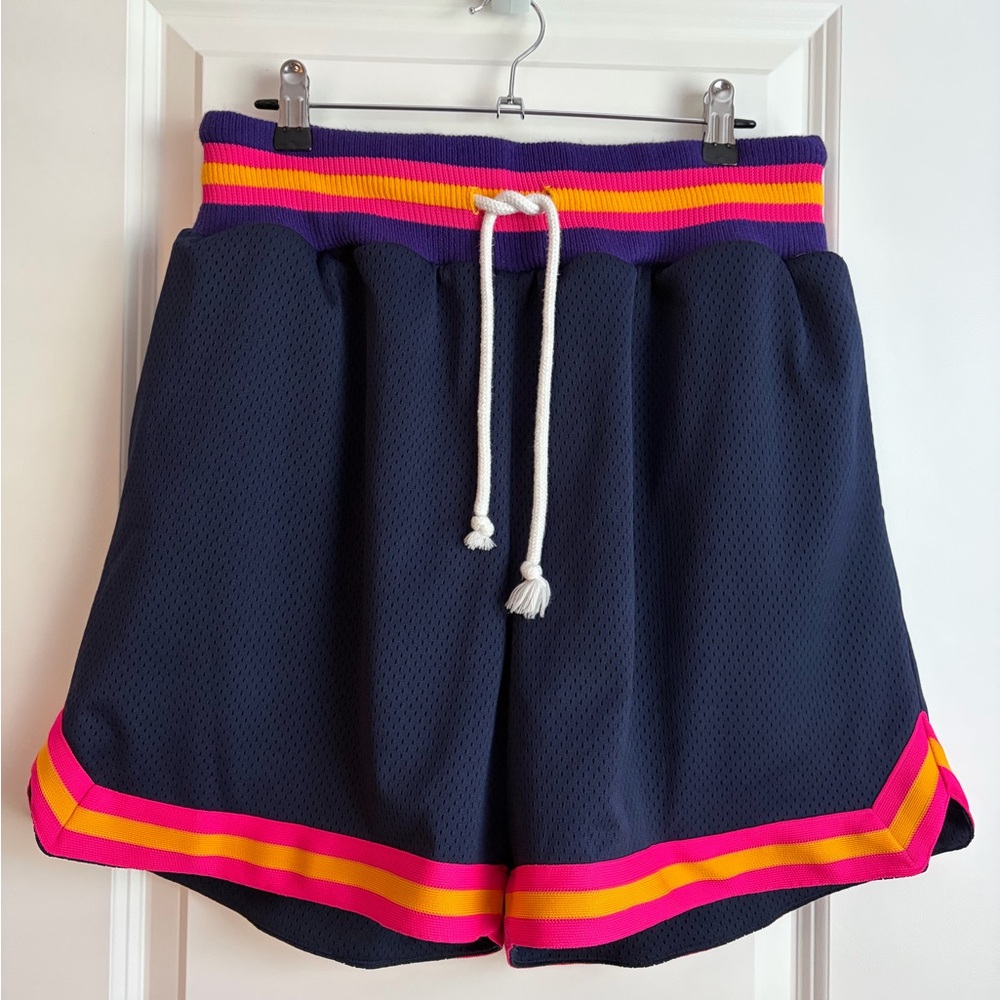 Eric Emanuel Navy Mesh Shorts with Pink & Yellow Fabric Trim